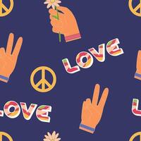 The 70s style seamless pattern with retro illustrations of hands showing peace gesture, holding chamomile and words love. vector