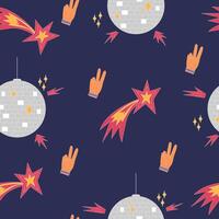 The 70s style seamless pattern with retro abstract illustrations of disco ball, hand showing peace and star . vector