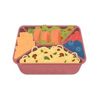 Lunch box or bento box with food illustration isolated on white. Pasta with mushrooms, berries, cookies, salmon and salad in food container. vector