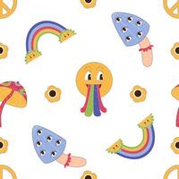 The 70s style seamless pattern with retro illustrations of rainbows, mushrooms with eyes, flowers. vector