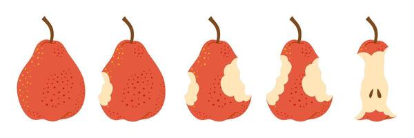 Red Pear eating steps cartoon icon set. Stages of biting red ripe pear from whole to half and core, bite progression cartoon set sequence animation of eaten fruit Trendy flat style illustration vector