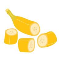 Fresh banana slice cut isolated on transparent background. Yellow tropical fruit, banana snack, healthy vegetarian and organic food. Cartoon Hand drawn trendy flat style illustration vector