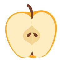 Yellow apple cut in half. One piece of fresh fruit with seeds. Apple half icon. Hand drawn Trendy flat style Isolated on transparent background illustration vector