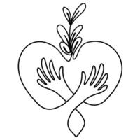 Continuous line drawing of two hand holding hugging heart. illustration vector