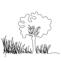 Continuous one line drawing of tree with grass flower. Doodle illustration vector