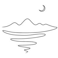 Continuous one line drawing of Mountain landscape and moon. graphic illustration vector