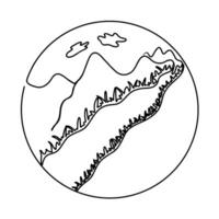 Continuous one line drawing of mountain landscape and sun in circle. graphic illustration vector
