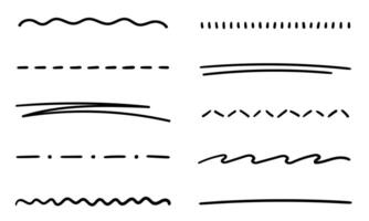 A set of underlines, strikethrough, dividers, partitions, borders drawn by hand with a marker. Straight, wavy, dotted free lines on a white background. set of highlighters for text decoration vector