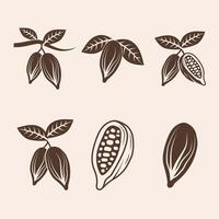 Cocoa icon set. Cocoa beans, leaves isolated on white background. vector
