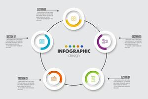 Circular scheme with six round paper white elements. Concept of cyclic business process with 6 stages. Minimal infographic design template. vector