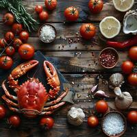 a table with a lobster, tomatoes, garlic, and other ingredients photo