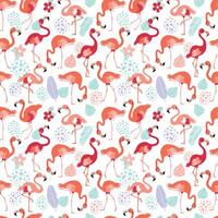 Pattern with pink flamingos and tropical leaves on a white background. Pink flamingo in flat style. Seamless pattern for textile, wrapping paper, background. vector