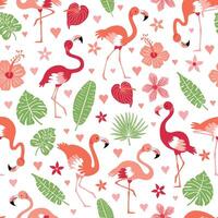 Pattern with pink flamingos and tropical leaves on a white background. Pink flamingo in flat style. Seamless pattern for textile, wrapping paper, background. vector
