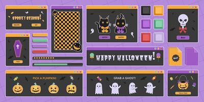 Happy Halloween computer windows with holiday symbols and text greetings. Retro technology with Halloween signs and drawings. illustration set. vector