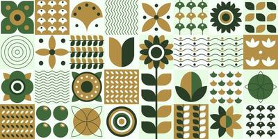 Bauhaus plants in a flat style, tiles pattern design, wallpaper with petals, leaves, geometric forms and shapes. vector