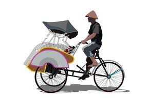 Rickshaw becak yogyakarta. A man riding tricycle illustration. Isolated object on white background. vector