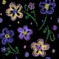 Crayons or wax pencils Drawn, colorful flowers seamless pattern on a black background in doodle style. Children's drawings of flower pattern. Background for print, fabric, wallpaper. vector