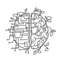 Human brain and Artificial intelligence brain Line art icon, sign, emblem, logo. Half of the brain with plants and leaves and half with microcircuits .Creative and analytical intelligence. vector