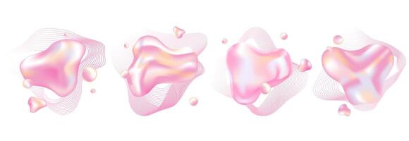 liquid glossy holographic 3d abstract shapes set of design elements, frames for text, emblems. Fluid shape bubbles with pink delicate tints.Abstract liquid splash illustration vector