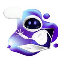 AI servers and robots technology. A friendly chatbot android robot looks out of a laptop and greets. Smart robotic character with message bubble.Digital brain neural network. illustration vector