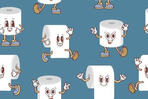 Seamless pattern with cute cartoon toilet paper rolls with faces in Kawaii style. vector