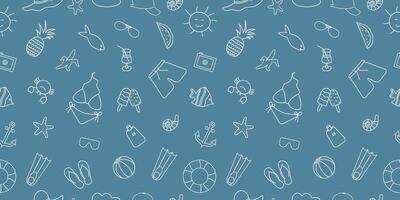 Summer seamless pattern, hand-drawn in doodles. Suitable for printing, textiles, backgrounds, wallpaper, wrapping paper, packaging. Blue background. vector