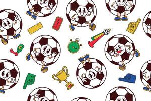 Seamless pattern of cute Funny happy soccer ball characters and football and fans attributes. Hand drawn kawaii cartoon characters. vector