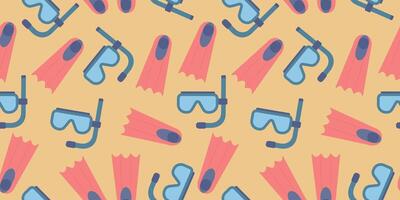 Seamless pattern of swimming mask and fins in flat style, isolated on a yellow background. Diving accessories. vector