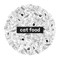 set of Cat Food in the shape of a circle in doodle style. Image of pet food. vector
