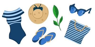 set of clothes and accessories for the beach in a nautical style. Summer beach fashion. Clothes for relaxing at sea and on the beach. vector