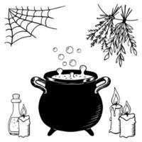 Witch cauldron with bubbling brew. Sketch of witchcraft potion. Isolated illustration vector