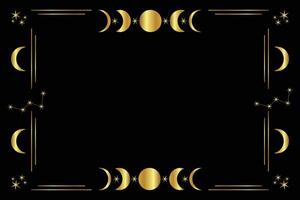 Celestial constellations border with golden frame with stars, moon phases, crescents, and copy space. Mystic linear background with place for text. vector