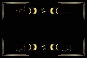 Mystic golden frame with stars, moon phases, crescents, and copy space. Mystical constellations border. Mystic linear background with place for text. vector