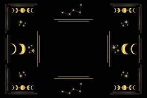 Celestial golden frame with stars, moon phases, crescents, and copy space. Mystical constellations border. Mystic linear background with place for text. vector