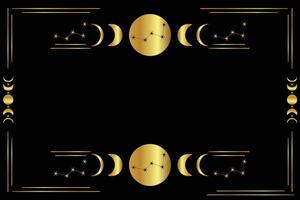 Mystic golden frame with constellations, stars, moon phases, crescents, and copy space. Mystical constellations border. Mystic linear background with place for text. vector
