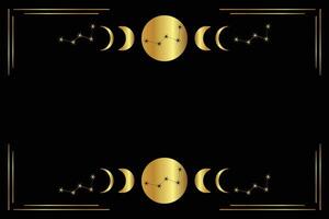 Mystic golden frame with constellations, stars, moon phases, crescents, and copy space. Mystical constellations border. Mystic linear background with place for text. vector