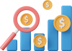 Magnifying glass with dollar coin and graph, 3d illustration of Investment concept png