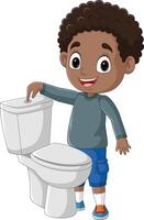 Cartoon little boy pushing flush button in toilet vector