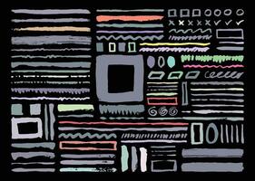 Grunge paint brush strokes design bundle. Abstract shapes drawing element. Straight and wavy lines, square, circle, oval, and zigzag forms. vector