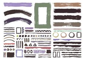 Colorful painting brushes element bundle. Grunge brushes design template set. Hand drawn shapes layout. Straight and wavy lines, square, circle, and triangle forms. vector