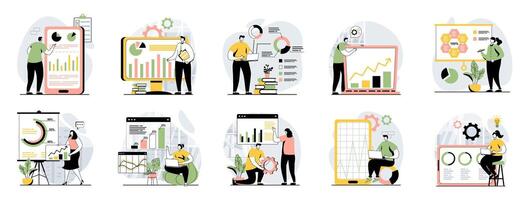 Data analysis web concept with people scenes mega set in flat design. Bundle of character situations with marketing research making, financial reports creating, charts working. illustrations. vector