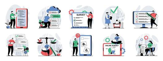 Online survey web concept with people scenes mega set in flat design. Bundle of character situations with questionnaire form filling, election poll vote, answer exam questions. illustrations. vector
