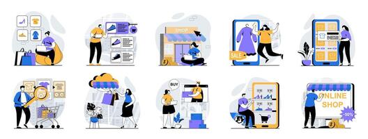 Mobile commerce web concept with people scenes mega set in flat design. Bundle of character situations with online shopping in app, making profitable purchases, paying online. illustrations. vector