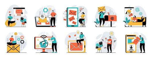 Email service web concept with people scenes mega set in flat design. Bundle of character situations with online correspondence app, chatting and sending messages, subscription. illustrations. vector