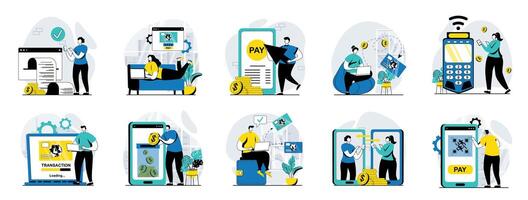 E-payment web concept with people scenes mega set in flat design. Bundle of character situations with payment online at store, clients paying with credit card using application. illustrations. vector