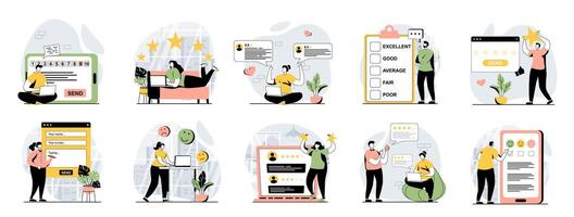 Feedback web concept with people scenes mega set in flat design. Bundle of character situations with leaving comments with review, customer satisfaction, best rating evaluation. illustrations. vector