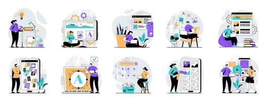 UI UX design web concept with people scenes mega set in flat design. Bundle of character situations with user interface layouts creating, testing app usability for mobile screen. illustrations. vector