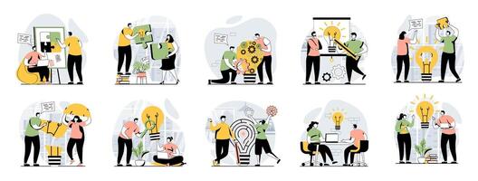 Teamwork web concept with people scenes mega set in flat design. Bundle of character situations with brainstorming for developing business, working together, team collaboration. illustrations. vector
