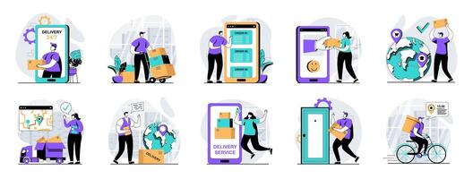 Delivery service web concept with people scenes mega set in flat design. Bundle of character situations with shipping order to home, clients receive parcels, courier carries box. illustrations. vector