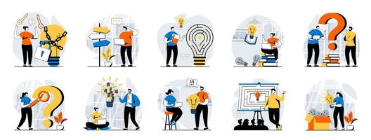 Finding solution web concept with people scenes mega set in flat design. Bundle of character situations with brainstorm, think and creativity for business, generating new ideas. illustrations. vector